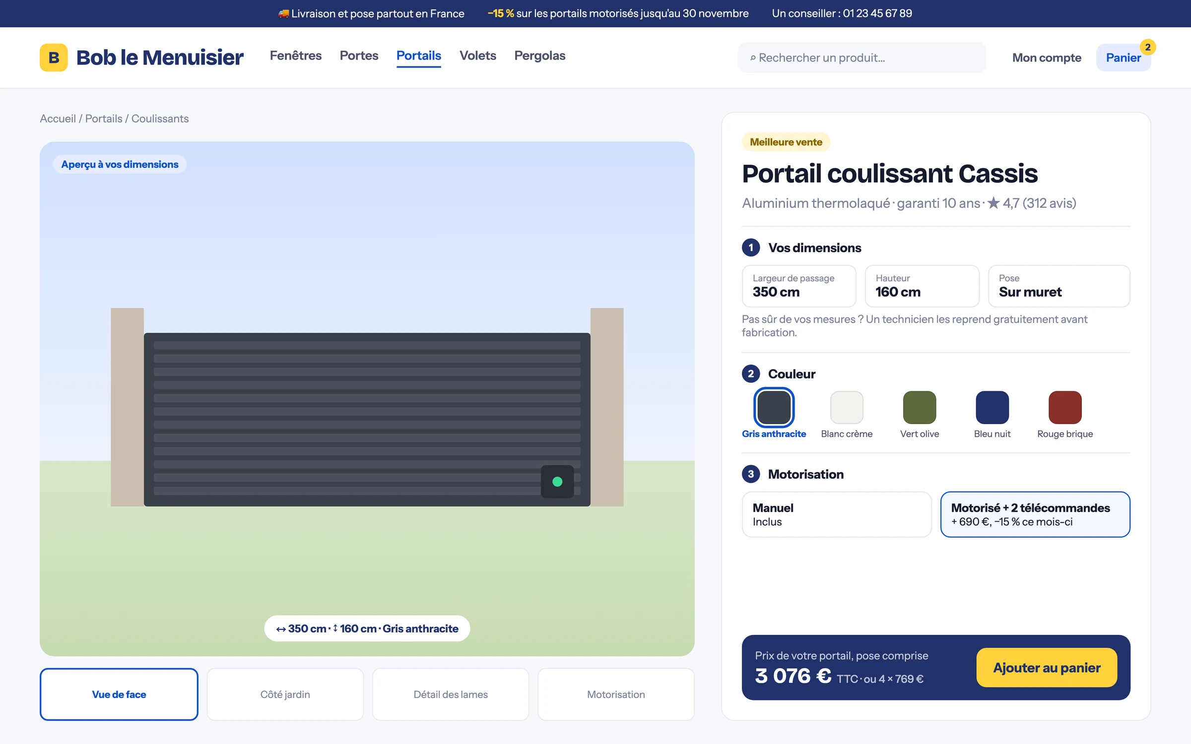 Configurateur : aperçu aux dimensions saisies, couleurs nommées en toutes lettres, prix pose comprise mis à jour en direct.
