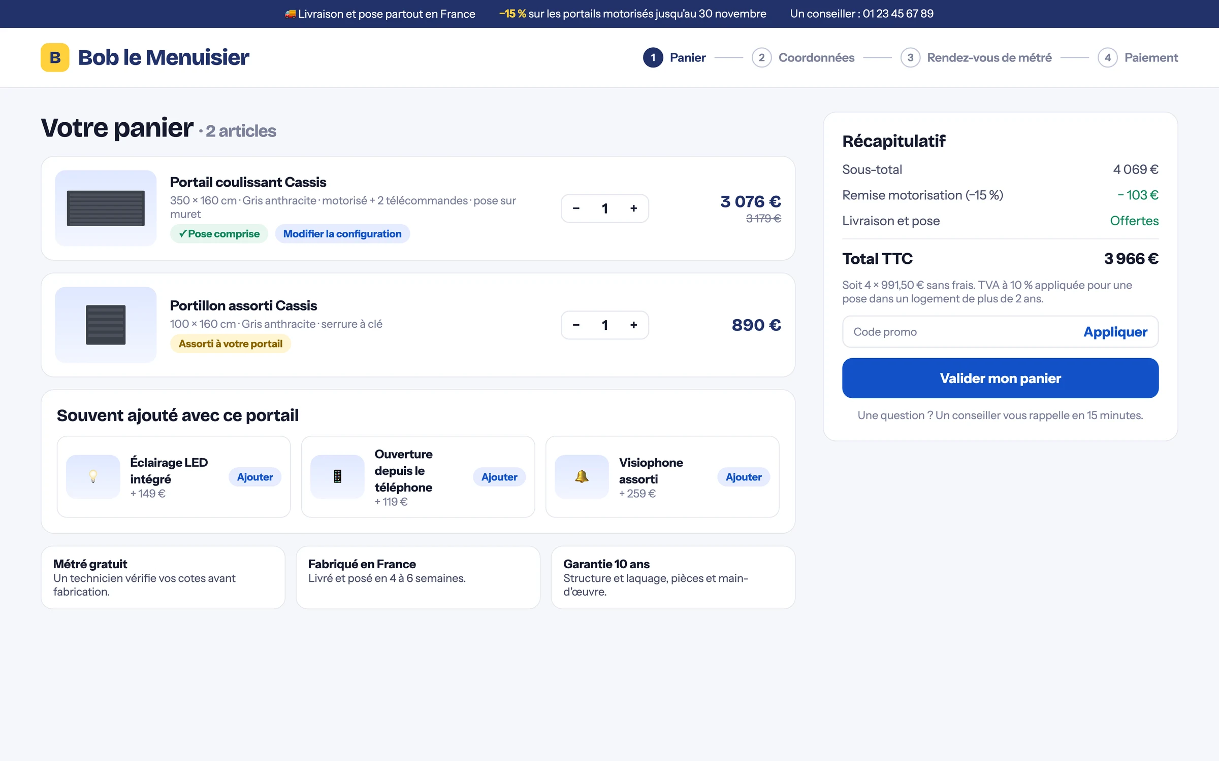 Panier : configuration modifiable, accessoires assortis, total clair avec paiement en 4 fois et pose offerte.