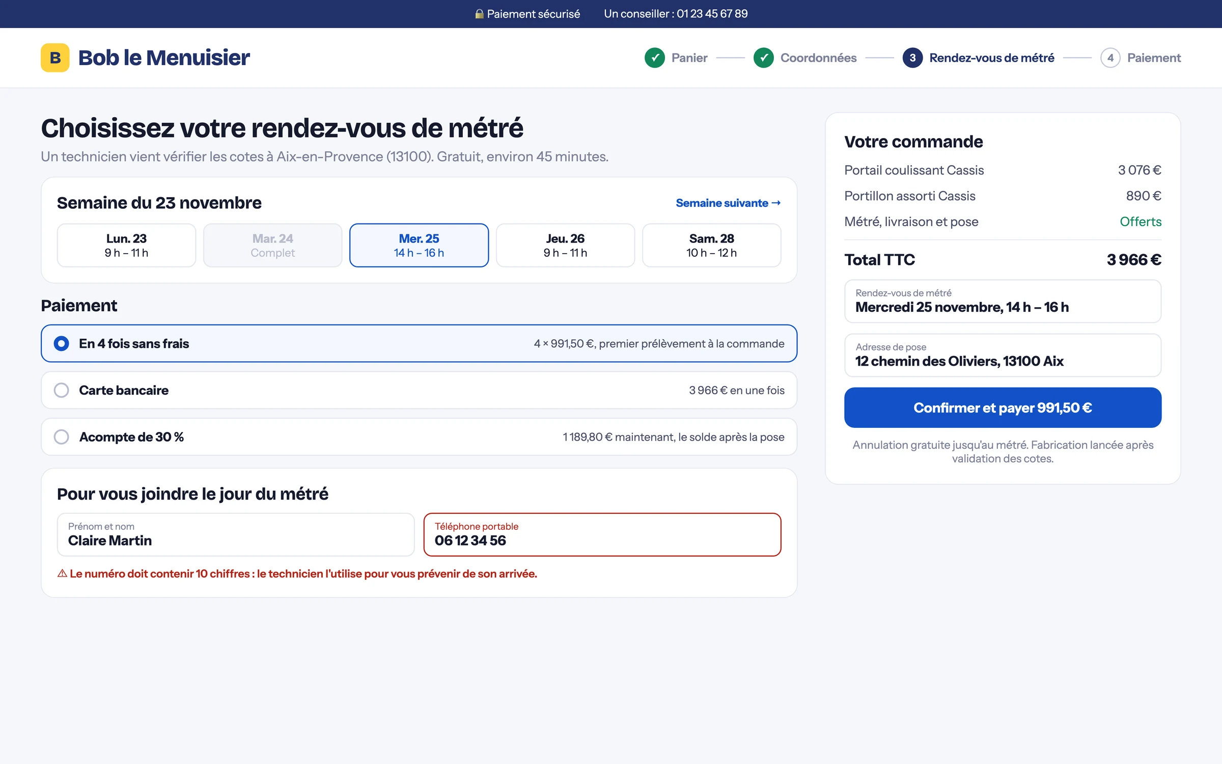 Métré et paiement : créneau du technicien, choix du paiement, erreurs de saisie expliquées en clair.