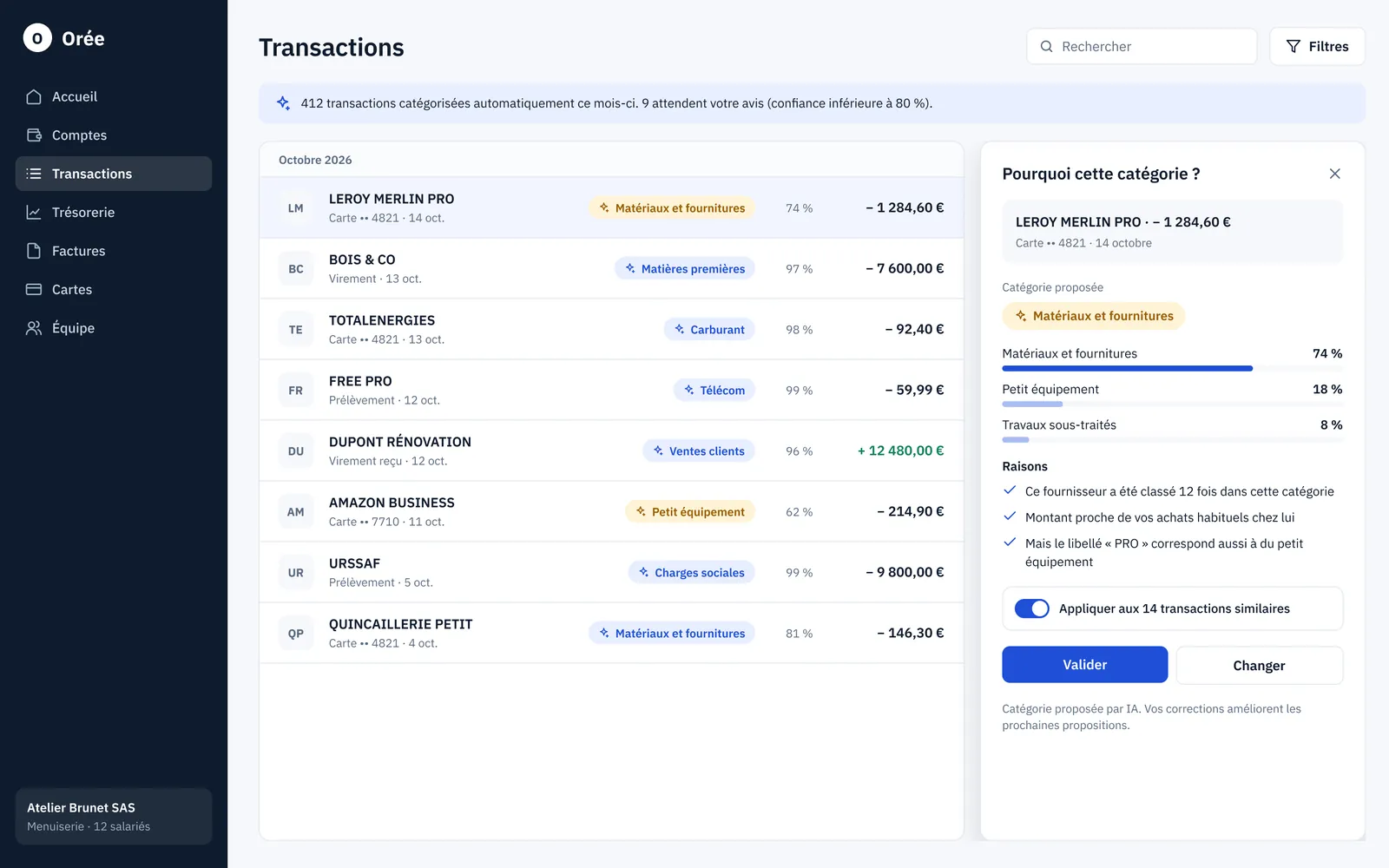 Transactions catégorisées et expliquées