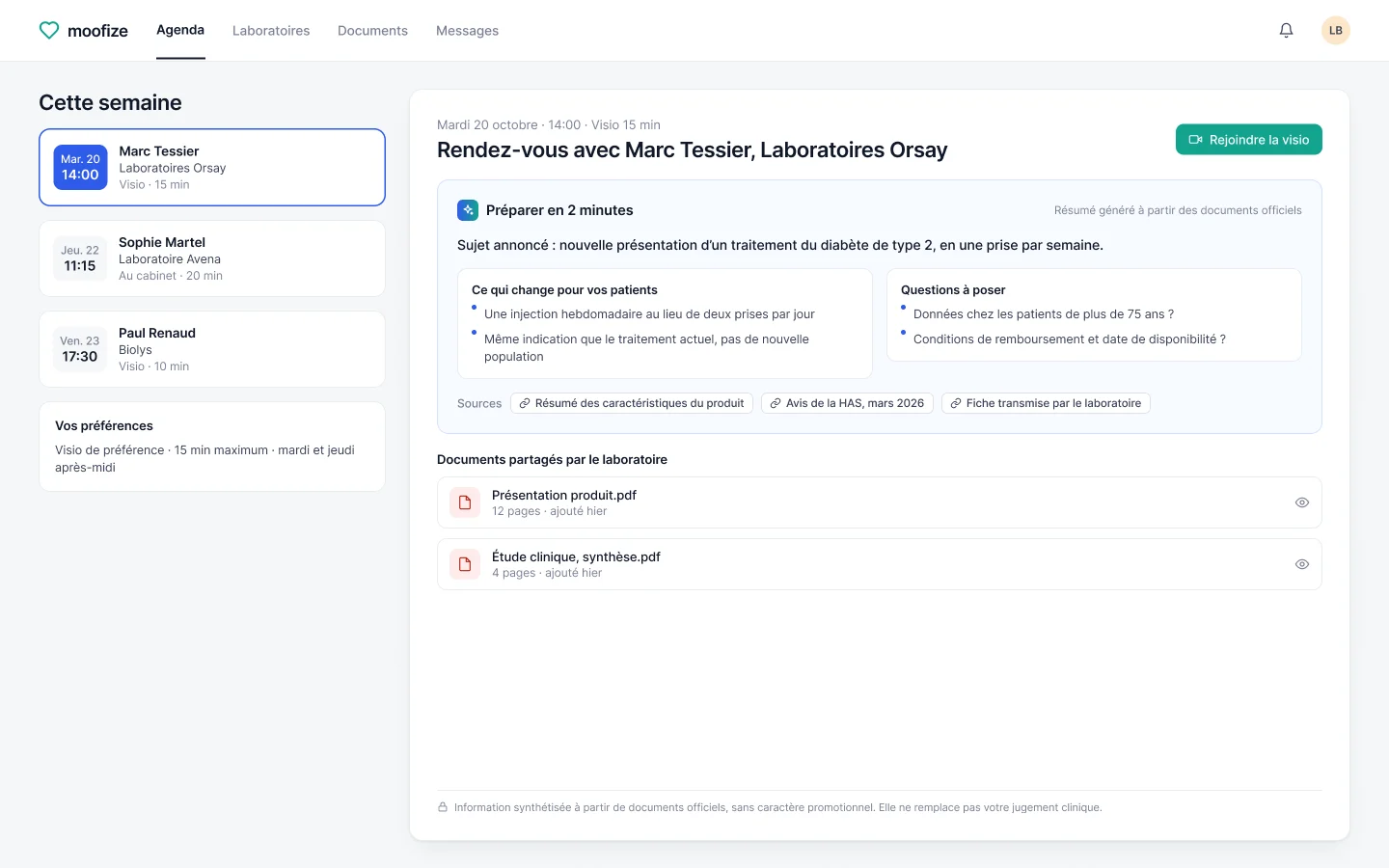 Côté médecin : un résumé du rendez-vous à venir, tiré des documents officiels, avec les sources.