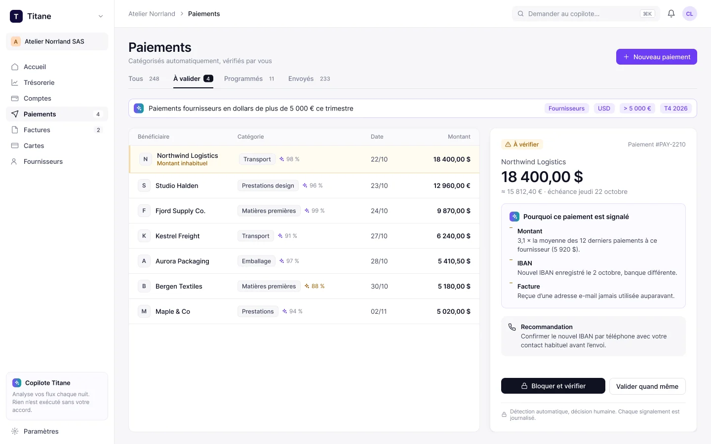 Paiements : catégorisation automatique avec indice de confiance, alerte quand un IBAN fournisseur change.