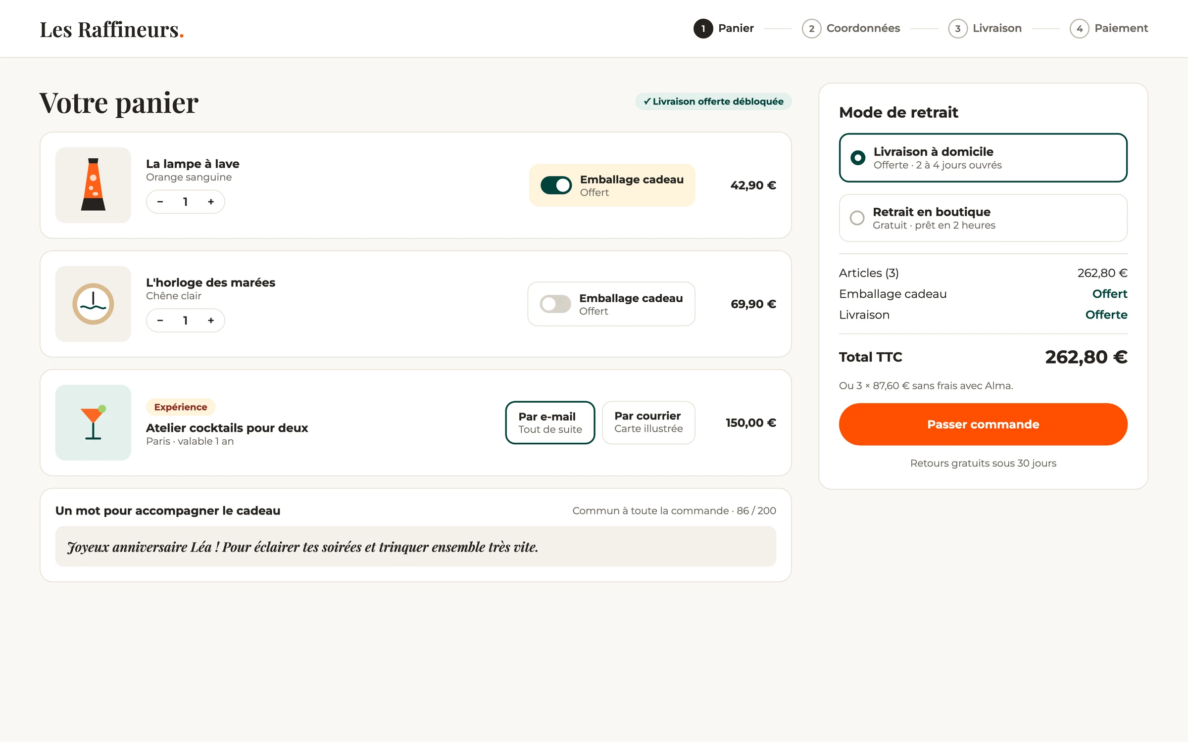 Panier : emballage cadeau produit par produit, envoi de l’expérience par e-mail ou par courrier, un mot commun et le mode de retrait.