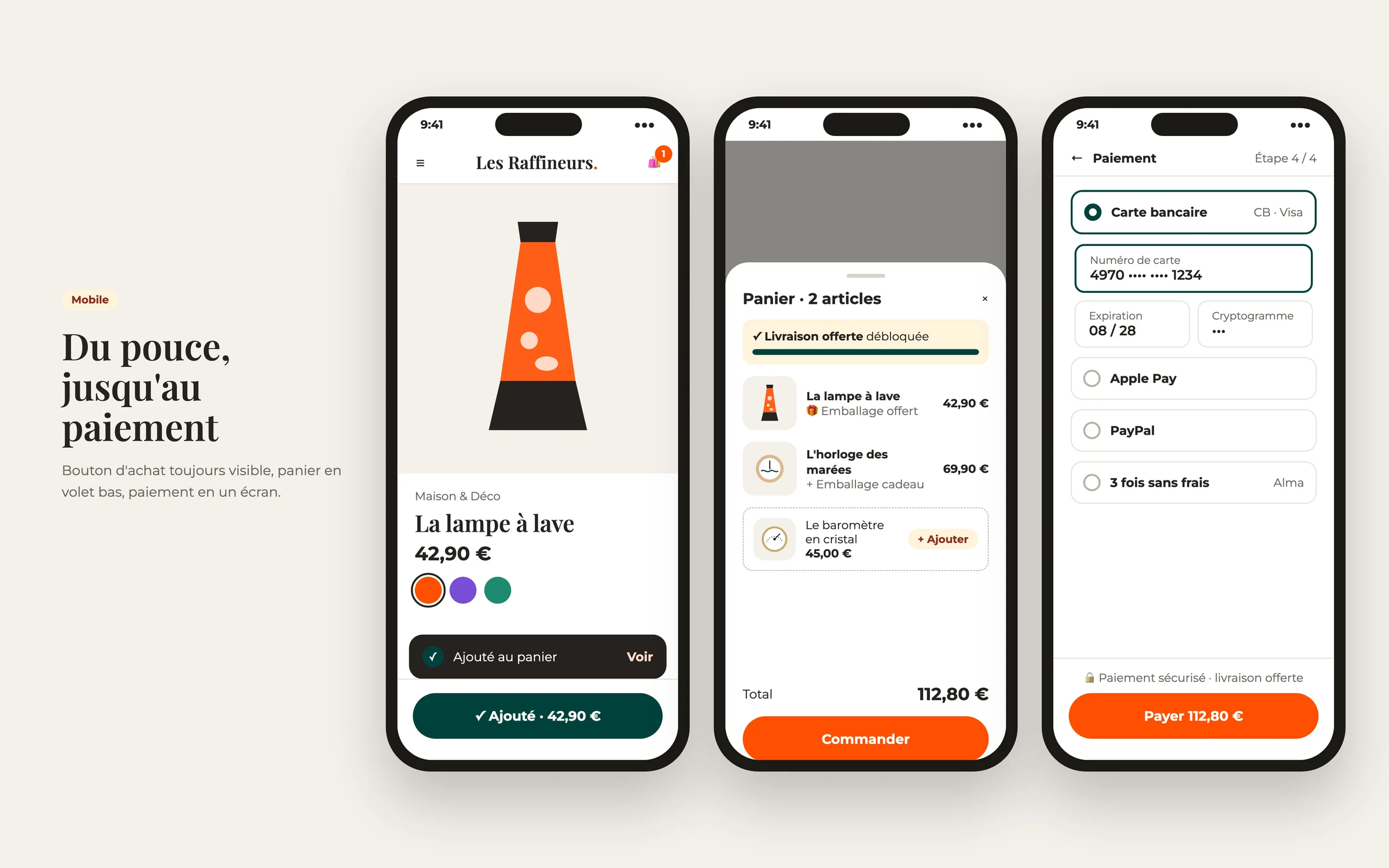 Mobile : bouton d’achat fixe, panier en volet bas et paiement sur un seul écran.